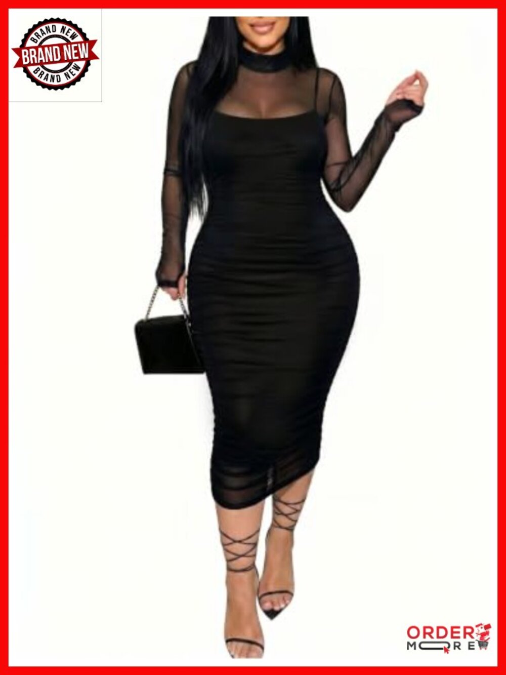 Women's Mesh Sheer Long Sleeve Midi Bodycon Club Party Dress